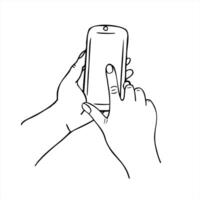 Hand holding smartphone with finger tapping the screen sketch illustration. Template with blank mobile phone icon for mobile app presentations, digital interaction concepts vector