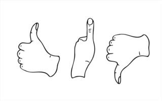 Black and white drawing of hand gestures showing like, OK and dislike signs. Finger giving thumbs up, the rest of the fingers are clenched into fist illustration. For social media vector