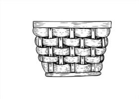 Empty wicker woven basket without handles black and white illustration in simple outline style. Picnic or harvest basket hand drawn sketch for farmhouse decor, rustic eco friendly packaging vector
