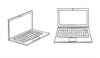 Stylized two open laptops in front view and isometric perspective monochrome set. Simple line art of monochrome notebook for tech presentation, digital workspace concept, modern business vector