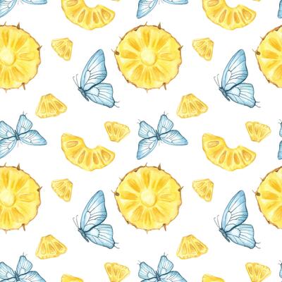 Juicy pineapple slices and delicate blue butterflies watercolor seamless pattern isolated background. Hand painted fruits ornate for tropical summer designs, fashion textiles, packaging