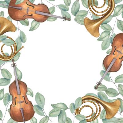 Contrabass and French horn with intertwined eucalyptus branches watercolor square frame isolated background. Woodwind instruments and greenery border with blank space for text. Music event invitation