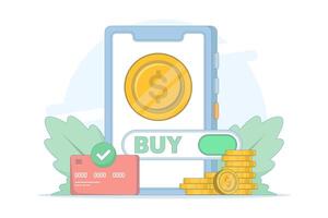Mobile payment with coins and card vector