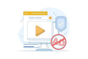 Concept of protection from harmful videos. Ad blocking, pop-up ad blocker. ad filtering tool. protective symbols and videos. anti-pop-up. safe viewing. flat design illustration in the background. vector