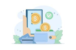 Concept of e-wallet or electronic wallet. Safe storage of money. Virtual bank electronic wallet. Saving money in digital form. Financial transactions using mobile phones. Flat style design. vector