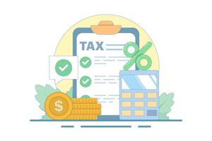 Tax calculation concept. Tax payment. Data analysis, documents, financial research reports and tax return calculation. Income or profit management, tax calculation. Flat style design illustration. vector