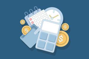 Time and money management concept. Calculator, calendar, money in wallet, and gold coins, economy and investment. money balance and time management. flat style design. vector