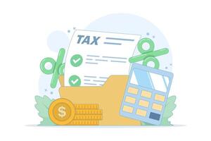 Tax calculation concept. Tax payment. Data analysis, documents, financial research reports and tax return calculation. Income or profit management, tax calculation. Flat style design. vector