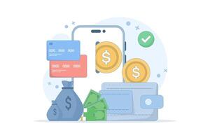 Concept of e-wallet. Safe storage of money. Virtual bank e-wallet. Saving money in digital form. Financial transactions using mobile phones. Flat design. vector