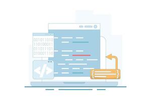 Programming concepts compiler, binary numbers. software development, machine language laptop code. programming, coding in computer. data filtering. flat style design. vector