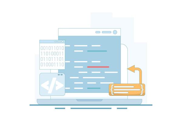 Programming concepts compiler, binary numbers. software development, machine language laptop code. programming, coding in computer. data filtering. flat style design.