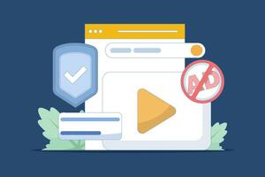 Concept of protection from harmful videos. Ad blocking, pop-up ad blocker. ad filtering tool. protective symbols and videos. anti-pop-up. safe viewing. flat style design in the background. vector