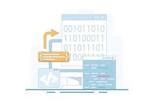 Programming concepts compiler, binary numbers. software development, machine language laptop code. programming, coding in computer. data filtering. flat style design illustration. vector