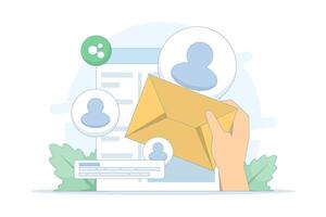 Email marketing strategy concept. subscribe to newsletters or send online promotions to attract customers to the website, communication and advertising. flat style illustration on background. vector