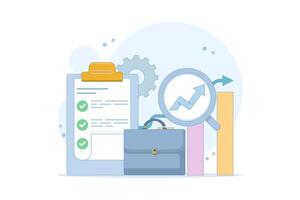 Financial growth and sustainable investment concept. checklist, briefcase and tools. business growth chart with rising arrow. symbolizes success, analysis or strategy. vector