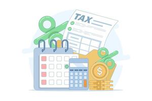 Tax calculation concept. Tax payment. Data analysis, documents, financial research reports and tax return calculation. Income or profit management, tax calculation. Flat design. vector