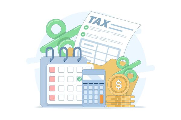 Tax calculation concept. Tax payment. Data analysis, documents, financial research reports and tax return calculation. Income or profit management, tax calculation. Flat design.