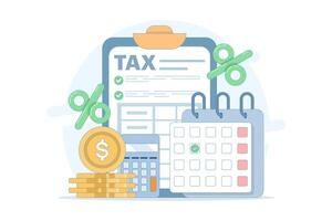 Tax calculation concept. Tax payment. Data analysis, documents, financial research reports and tax return calculation. Income or profit management, tax calculation. Flat design illustration. vector