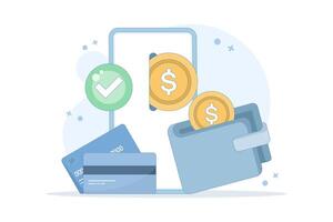 The concept of an electronic wallet or e-wallet. Safe storage of money. Virtual bank electronic wallet. Storing money in digital form. Financial transactions using mobile phones. vector