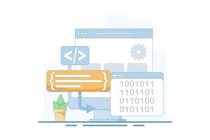 Programming concepts compiler, binary numbers. software development, machine language laptop code. programming, coding in computer. data filtering. flat design illustration. vector