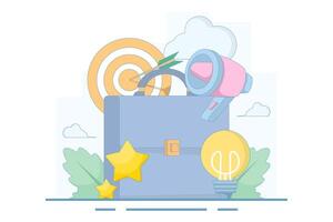 Concept of business goals, innovation and effective marketing strategies. Briefcase with target, light bulb and megaphone. Accuracy and goal achievement. Flat design illustration. vector
