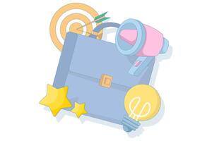 Concept of business goals, innovation and effective marketing strategies. Briefcase with target, light bulb and megaphone. Accuracy and goal achievement. Flat style design. vector