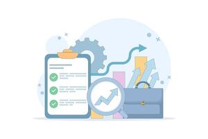 Financial growth and sustainable investment concept. checklist, briefcase and tools. business growth chart with rising arrow. symbolizes success, analysis or strategy. flat design vector