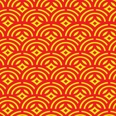 Seamless oriental Chinese pattern with red and yellow arcs and diamond shapes in traditional festive background design