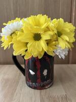 Charming close up of Chrysanthemum indicum, Indian chrysanthemum, arranged in a coffee mug, placed on a coffee wooden table. photo
