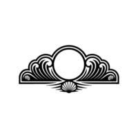 Art Deco Coastal Emblem Waves, Shell, Circle Frame, Minimalist vector