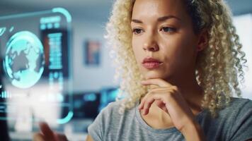 Woman analyzing data on futuristic screen interface in modern office environment, showcasing advanced technology, innovation, and professional focus for themes like IT, AI, and data science. video