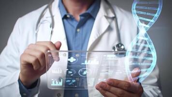 Doctor using futuristic screen with DNA interface and holographic medical data for innovative healthcare solutions, genetics research, telemedicine technology and digital diagnostics presentation. video