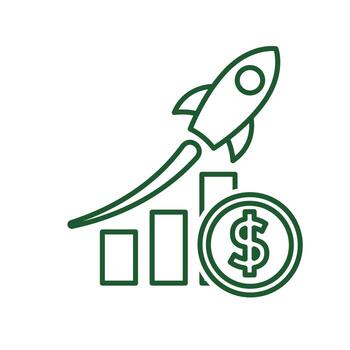 Finanzas icono. óptimo ingreso. grafico yendo arriba con cohete y dólar moneda. análisis símbolo, mejoramiento, gestión.qw vector