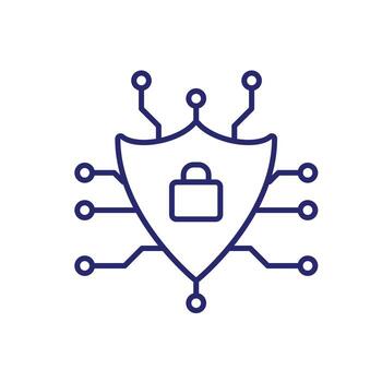 Technology icons. Security systems. Shield with lock and nodes. Depicts automation, future, artificial intelligence. Outline design style vector