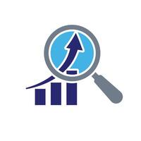 Technology icons. Predictive Analytics. Upward graph with magnifying glass. Depicts automation, future, artificial intelligence. Flat design style vector
