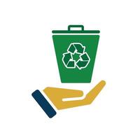 trash bin icon. recycling symbol in hand. sustainability. reuse web icon, eco-friendly, used goods, green energydd vector