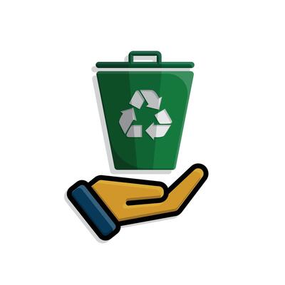 trash bin icon. recycling symbol in hand. sustainability. reuse web icon, eco-friendly, used goods, green energy.q