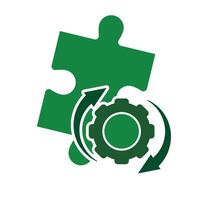 A green puzzle piece with a gear and a green arrow vector