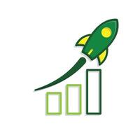 A green rocket is flying up a bar chart vector