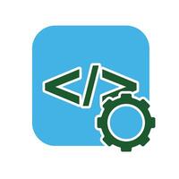 A green and blue icon with a code symbol and a gear vector
