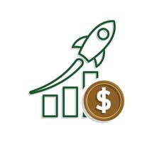 A rocket is going up a bar chart with a dollar sign vector