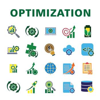 The set of optimization icons includes a variety of different icons vector