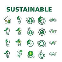 Sustainable icons set, green and white vector