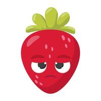 Sad cartoon strawberry character with green leaves and bored facial expression isolated on white background vector
