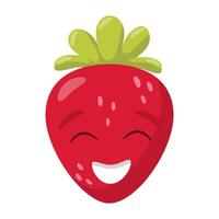 Smiling cartoon strawberry with green leaves isolated on white background. Funny fruit character illustration for design and print vector