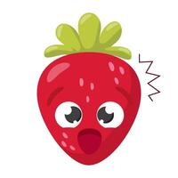 Funny surprised strawberry cartoon face with big eyes and open mouth isolated on white background. vector