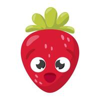 Surprised cartoon strawberry with green leaves isolated on white background. Funny fruit character illustration for design and print vector