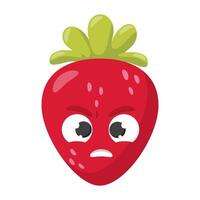 Angry cartoon strawberry with green leaves isolated on white background. Funny fruit character illustration for design and print vector