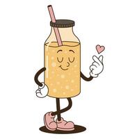 Retro groovy lemonade with straw character doing Finger Heart Gesture vector