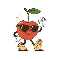 Retro illustration of cherry character with happy smile face, hands and feet. vector